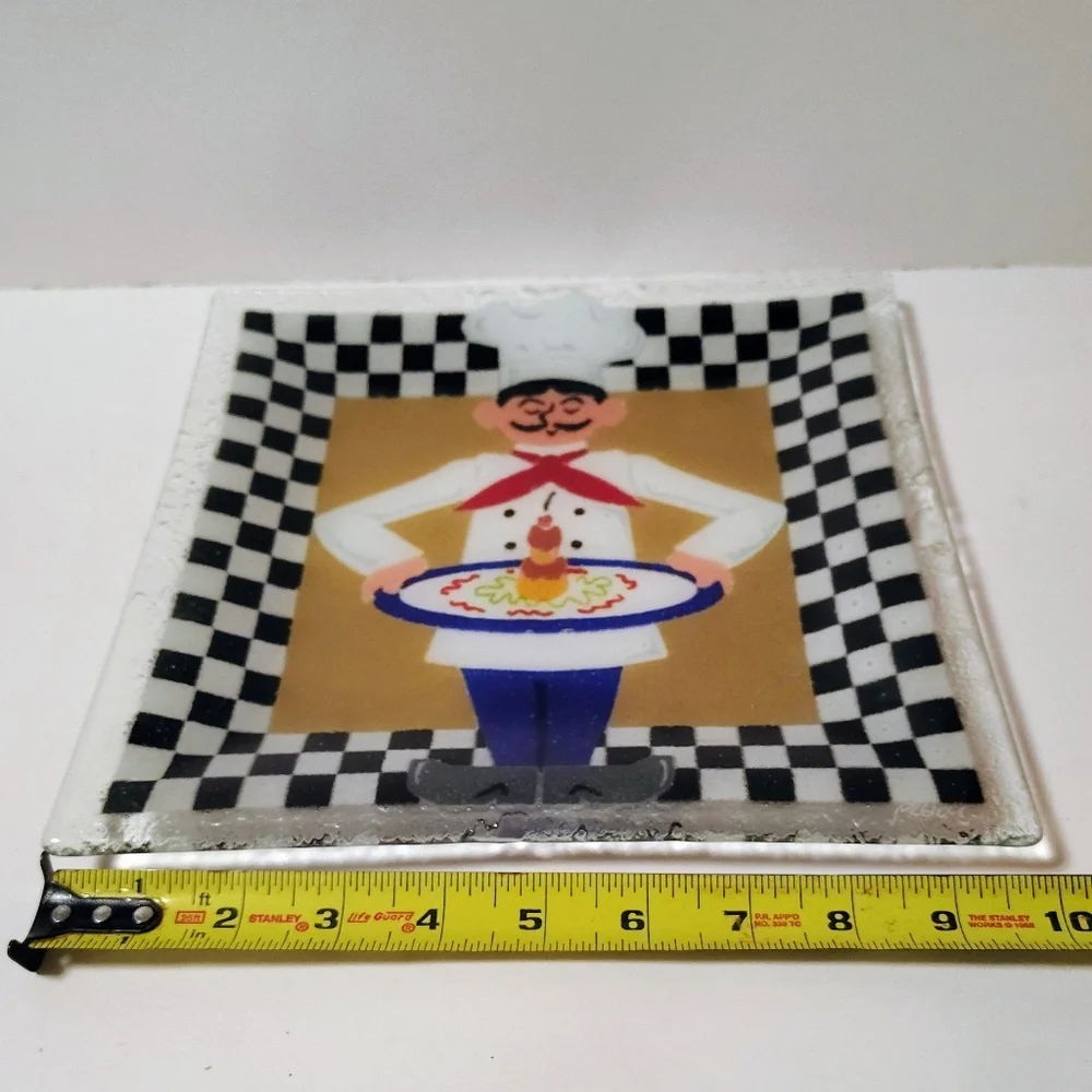 Peggy Karr VTG Fused Art Glass Bistro Chef Square Plate 10